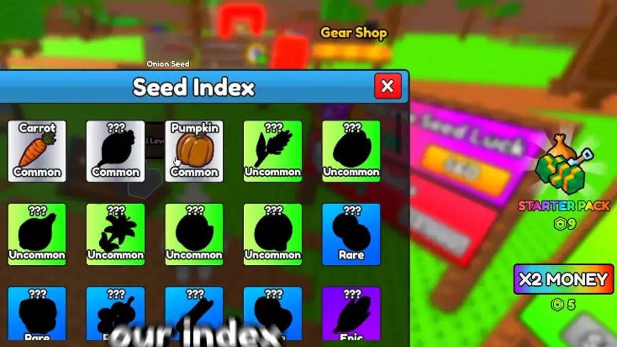 Build A Ring Farm Seed Index showing Common, Uncommon, Rare, and Epic seed tiers