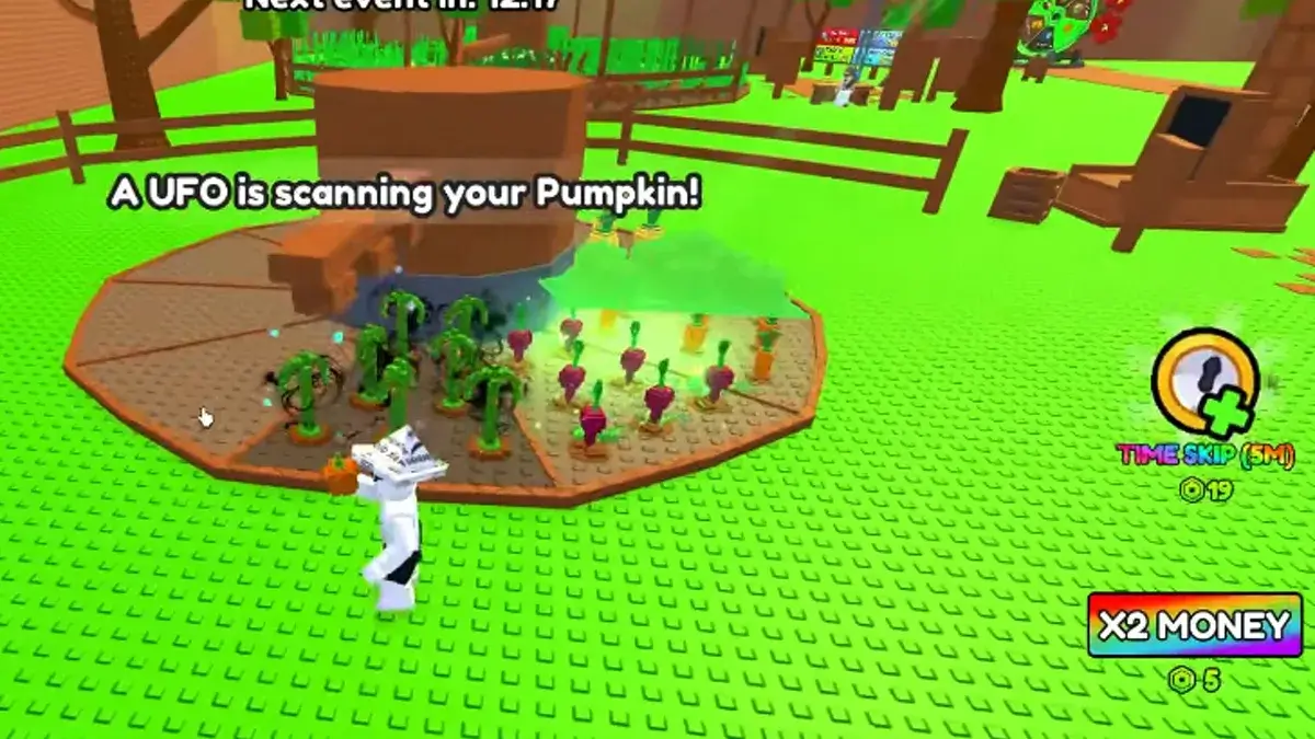 UFO weather event scanning a Pumpkin crop for a mutation in Build A Ring Farm