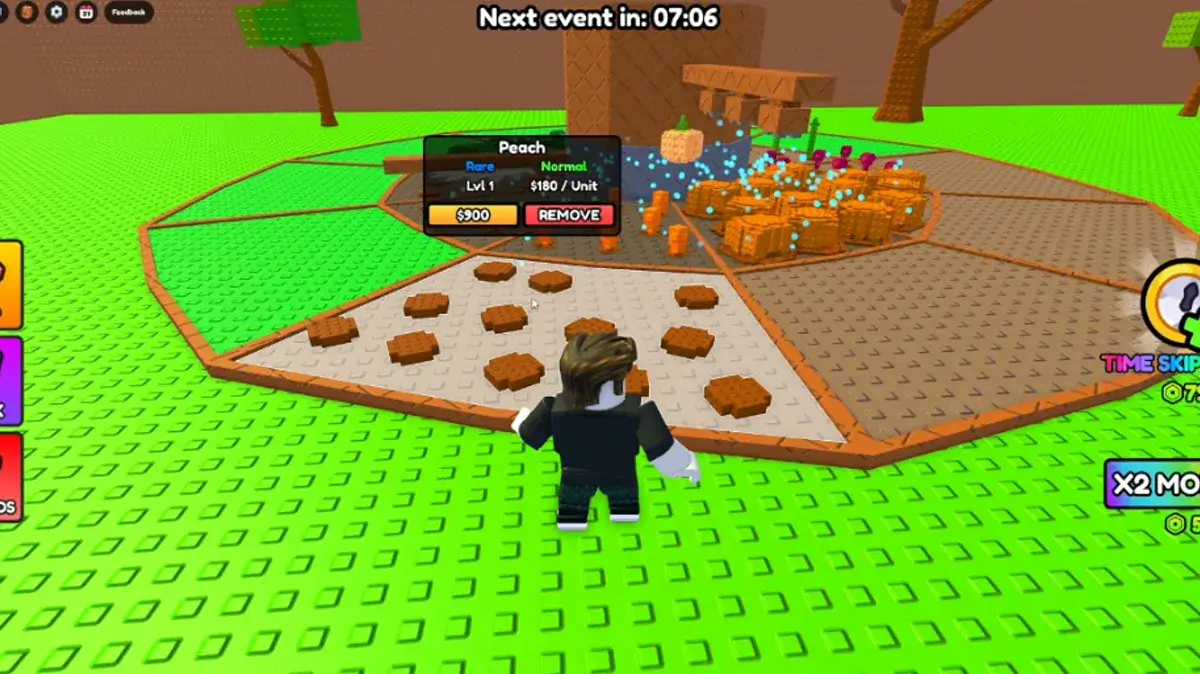Rare Peach crop on a ring plot in Build A Ring Farm with upgrade UI showing $180 per unit