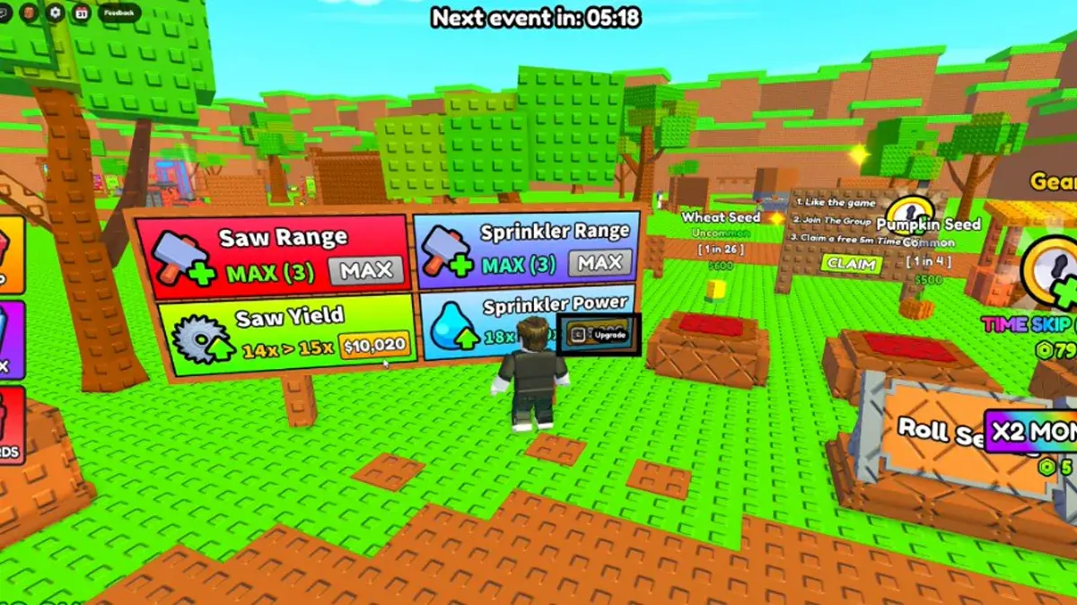 Build A Ring Farm mid-game upgrade board — Saw and Sprinkler range maxed, yield and power scaling